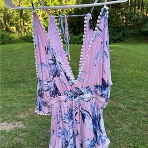 Light pink blue tropical flowers with adorable white detailing and open shoulder